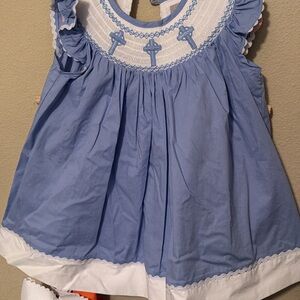 Girls' Blue Smocked Cross-Trim Formal Dress